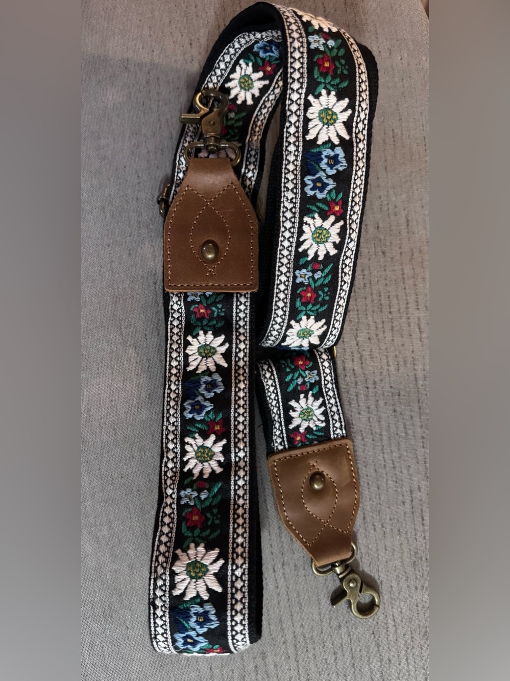 Floral Embroidered Bag Strap with Brown Leather Ends